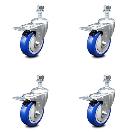 Service Caster 4 Inch Blue Polyurethane Swivel 12mm Stem Caster Set with Total Lock Brake SCC-TSTTL20S414-PPUB-BLUE-M1215-4
